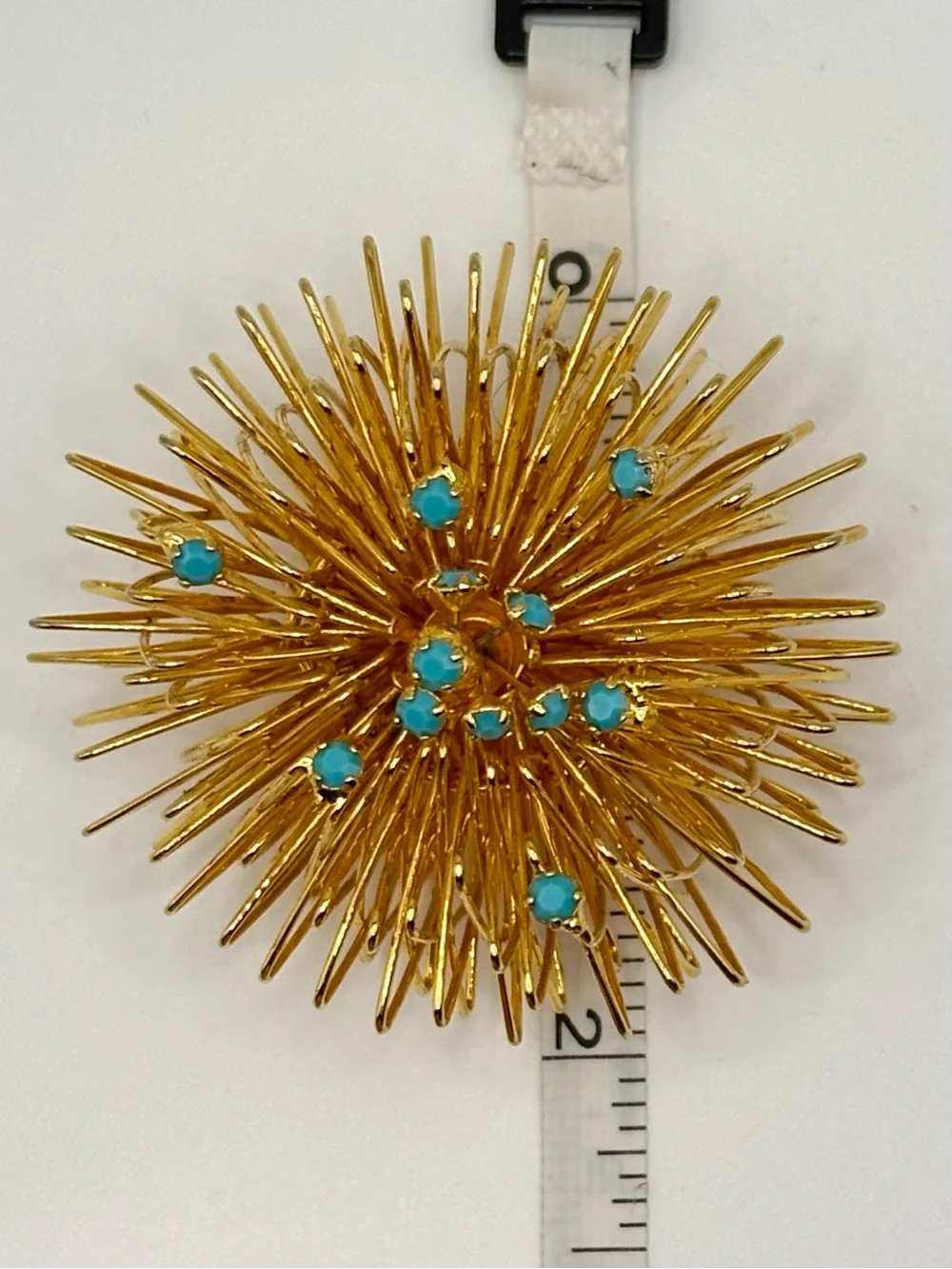 Vintage MCM Atomic Starburst Brooch Gold Tone Turquoise Blue Cabochons 2”